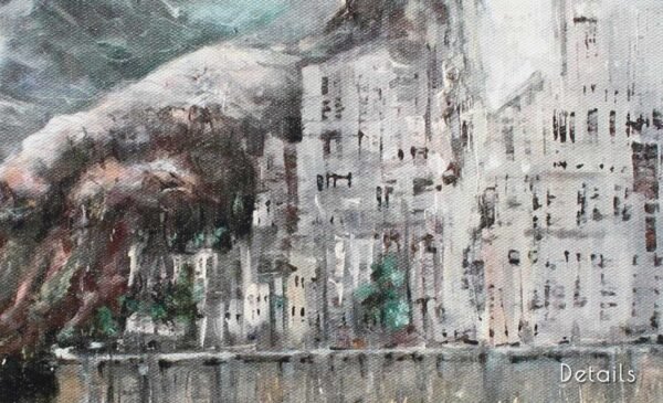 Close-up of palette knife strokes on Gandalf's Ride to Minas Tirith, oil on canvas by Naci Caba