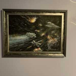 Framed space battle painting on a customer's wall
